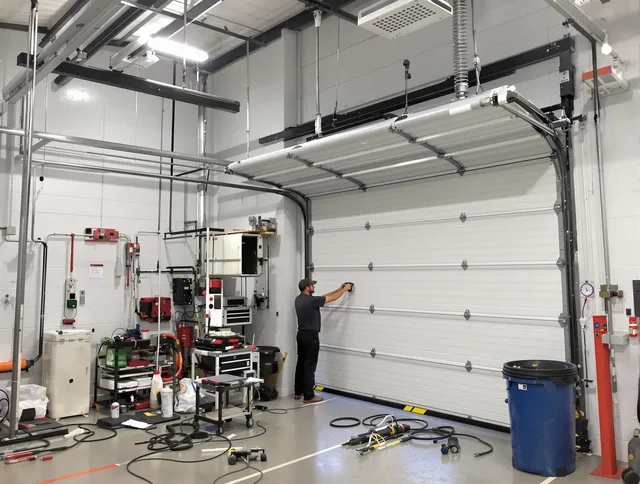 Maynard Garage Door Repair certified technician performing commercial door repair at a Maynard business facility