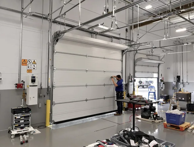 Commercial garage door repair being performed by Maynard Garage Door Repair expert in Maynard