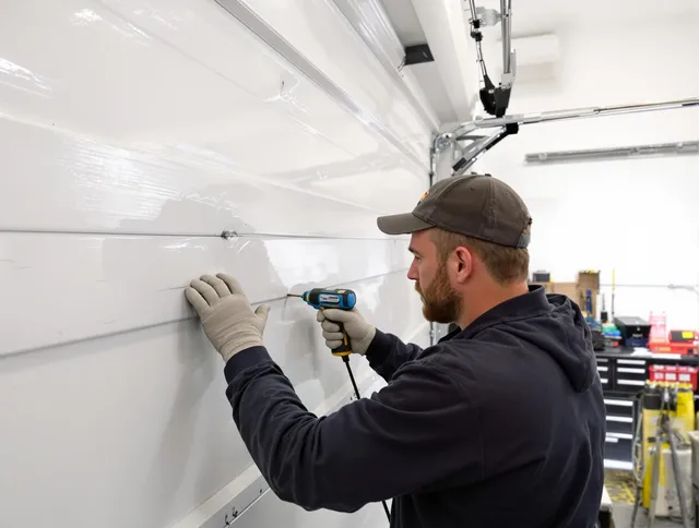 Maynard Garage Door Repair technician demonstrating precision dent removal techniques on a Maynard garage door