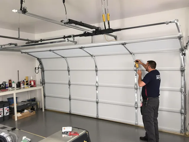 Maynard Garage Door Repair certified technician performing overhead door system repair in Maynard