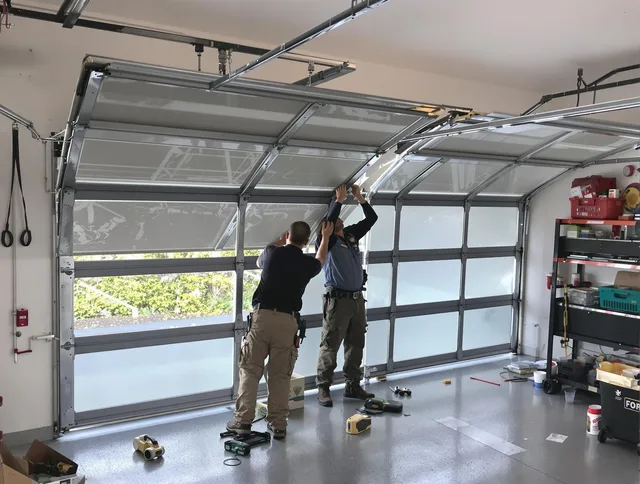 Maynard Garage Door Repair expert performing precise panel replacement on Maynard garage door