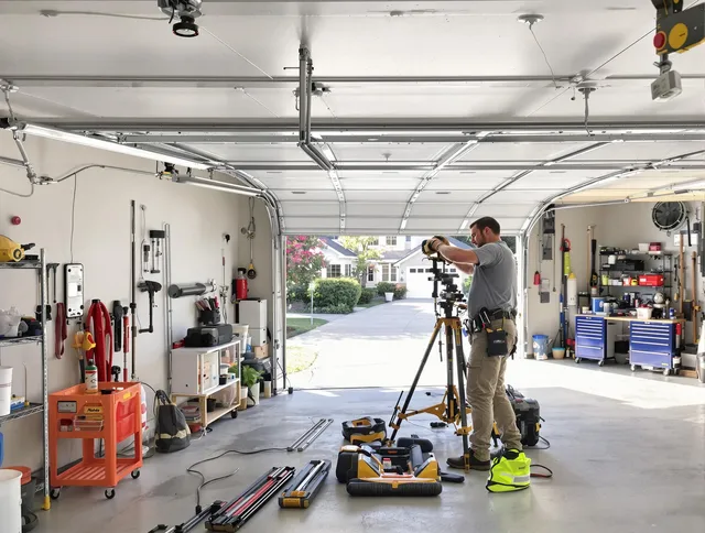 Maynard Garage Door Repair specialist performing laser-guided track alignment in Maynard